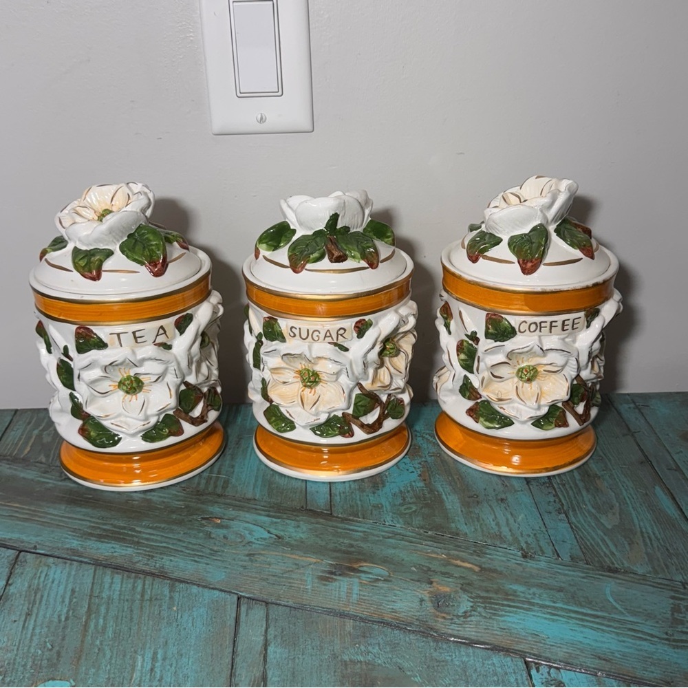 Vintage Floral Ceramic Canister Set-3-D Floral Design Coffee Tea Sugar - Picture 2 of 14
